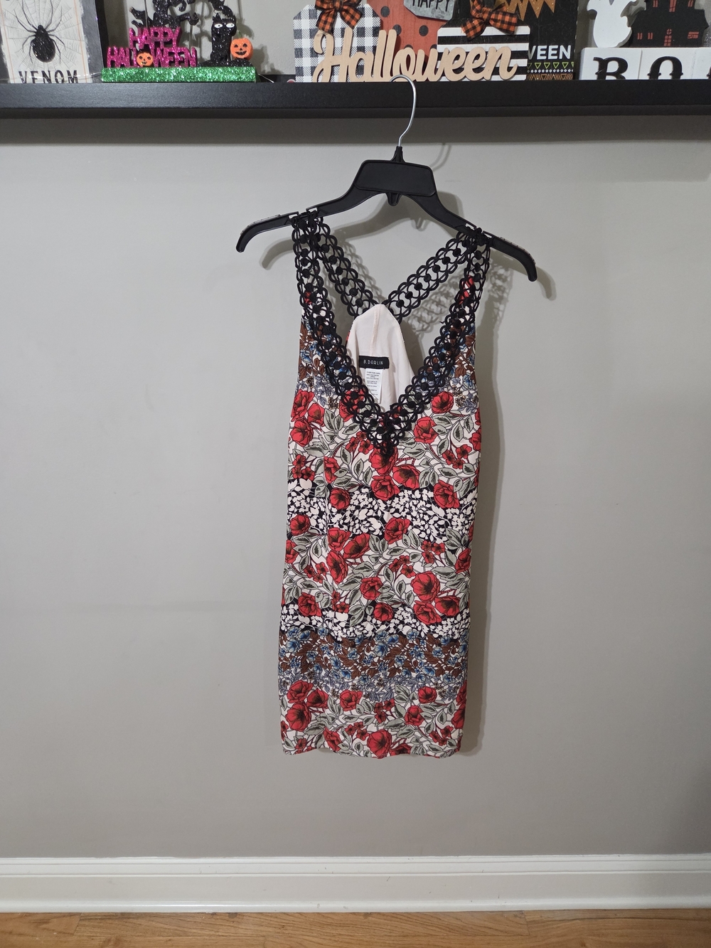 B Darlin Red Floral V-Neck Mini Dress with Black Lace Straps